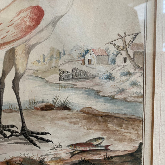 1791 French Original Pen & Gouache Drawing of a Spoonbill Bird from Paris, France