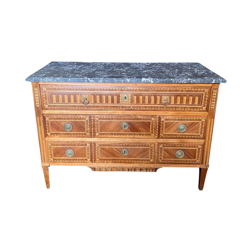 Late 19th Century French Neoclassical Louis XVI Inlaid Walnut Marble Top Commode, Dresser or Large Chest of Drawers