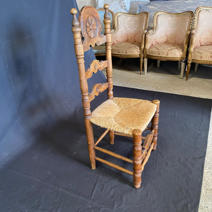 Set of Eight Spanish Belle Epoque Folk Art Rush Seat Carved Ladderback Dining Chairs or Side Chairs