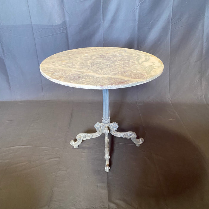 French Round Marble Top Cafe Table or Bistro Table with Stunning Marble and Wonderful Metal Base