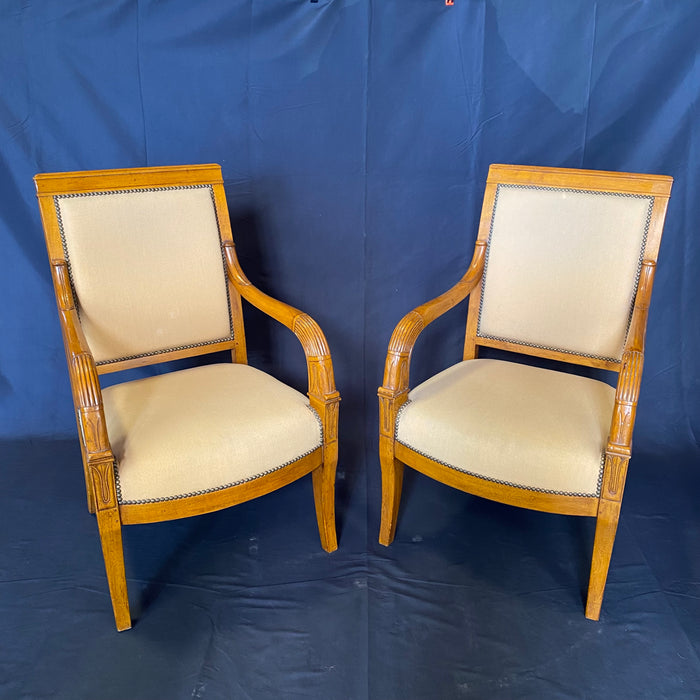 Pair of French Antique Walnut Empire Tulip Fauteuils or Arm Chairs with Brass Tacking