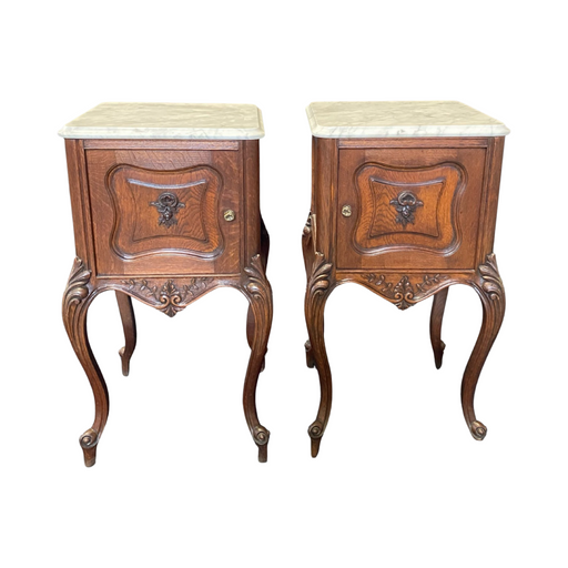 19th Century French Louis XV Carved Nightstands with Original Carrera Marble Tops
