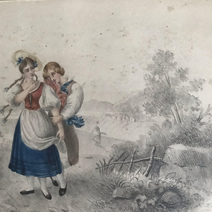 Antique pencil drawing and watercolor painting of a man and a woman 