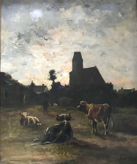 French Oil painting by listed artist Louis Remy Matifas Normandy Churchyard antique