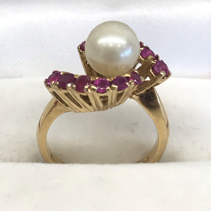Italian Graduated Ruby and Cultured Pearl Ring