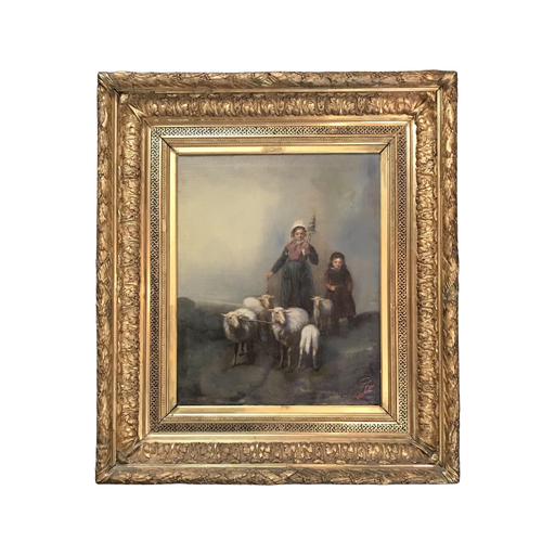 Signed French Impressionist oil painting of Shepherds by listed artist Agatha Doutreleau (1847-1880)