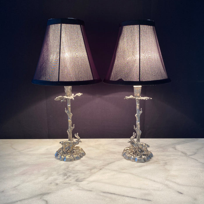 Pair of Silver Plated Bronze Deer Fine Sculpture Table Lamps in the Manner of Valenti