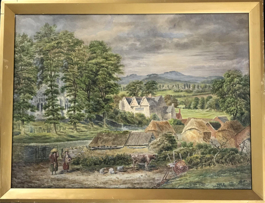 Antique watercolor painting of a village scene with animals and people in front with a village and church along a river