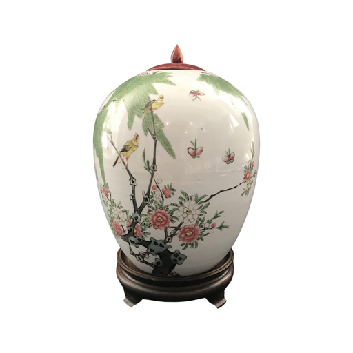 French Hand Painted Ginger Jar with Birds and Butterflies