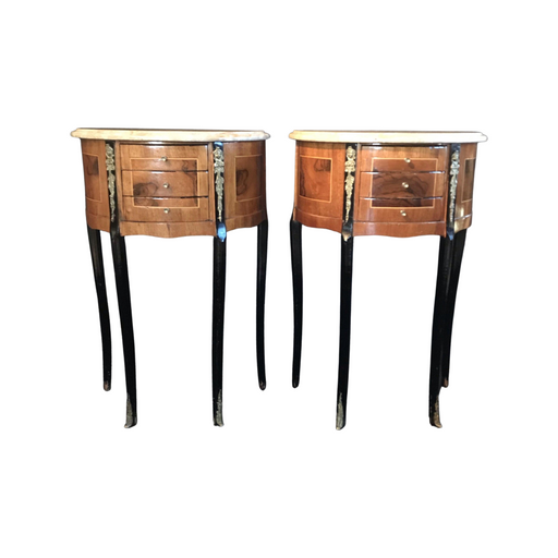 Pair of Marble Top French Neoclassical Ebony and Walnut 3-Drawer Nightstands or Side Tables