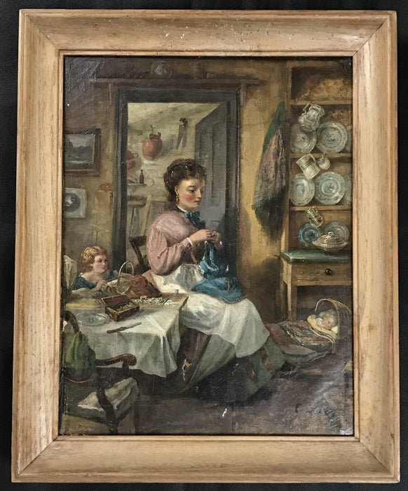 Primitive Oil Painting Domestic Scene, Early 19th Century Signed for sale