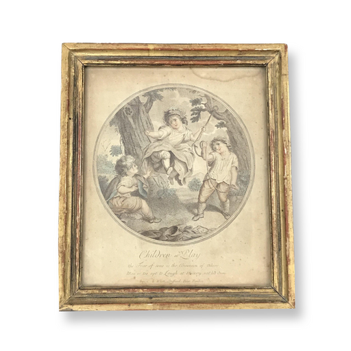 18th Century British "Children at Play" Hand Colored print in Lemon Gold Frame