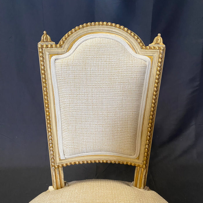 Set of 6 French 19th Century Salon Chairs, Side Chairs or Dining Chairs with Original Gilt and White Paint and New Upholstery