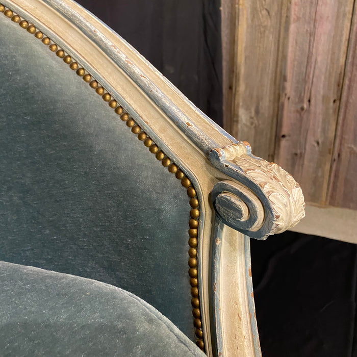 Antique French Louis XVI Sofa, Loveseat or Settee in Original White Paint and Blue Mohair Upholstery