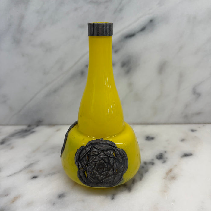French Art Nouveau Vase Yellow Glass with Pressed Silver Floral Mounts