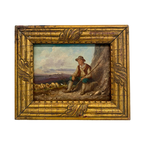 French 19th Century Signed Oil Painting of a Shepherd in Giltwood Frame