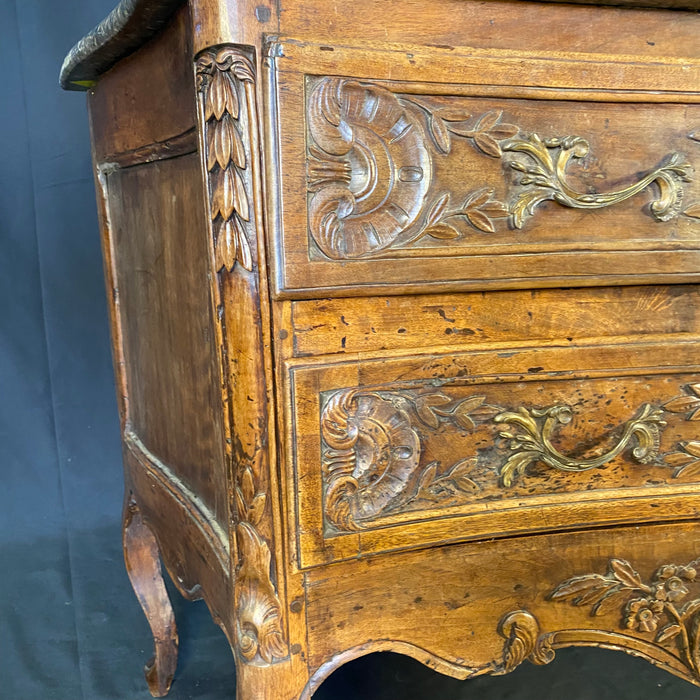 French Period Louis XV Marble Top Commode or Chest of Drawers or Dresser with Exquisite Carving