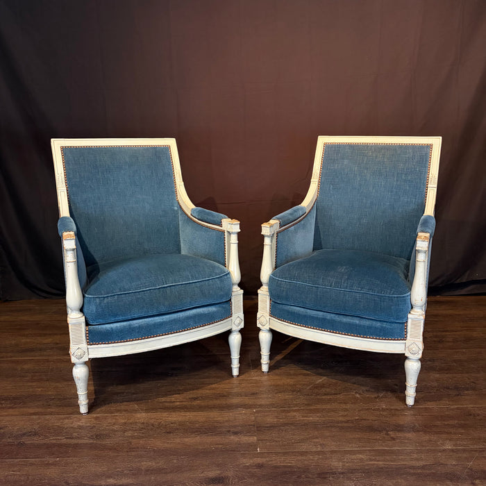 Pair of Antique French Neoclassical Painted Armchairs or Bergères in Blue Mohair