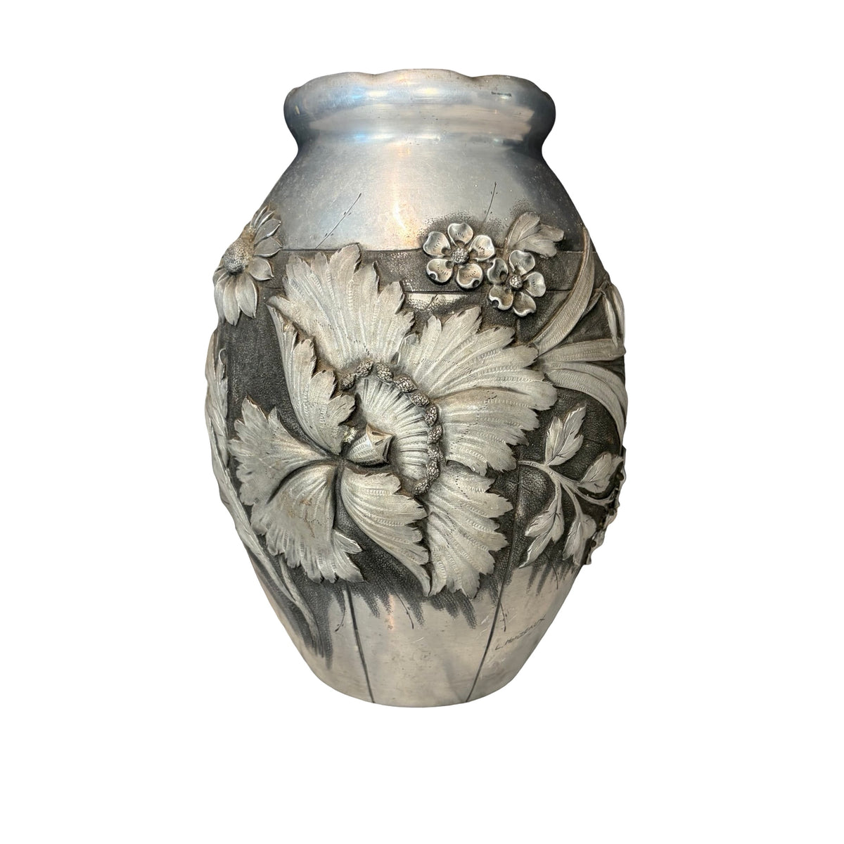 French Art Deco Pewter Floral Vase Signed by Lucien Houzeaux — The