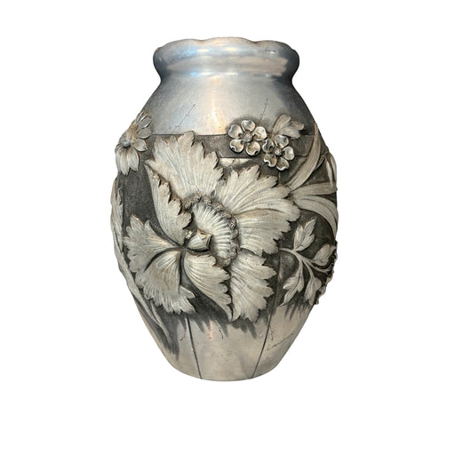 French Art Deco Pewter Floral Vase Signed by Lucien Houzeaux