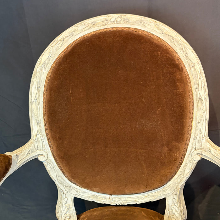Pair of 19th Century French Louis XVI Carved and Painted Fauteuil Armchairs with Exceptional Carving