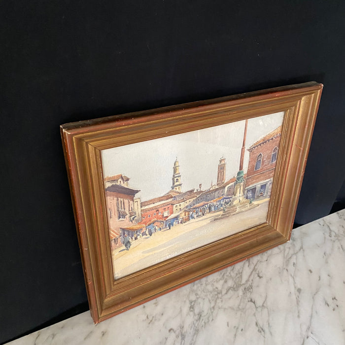 French Impressionist Painting of French Market in Town Square by Listed Artist Rene Engel