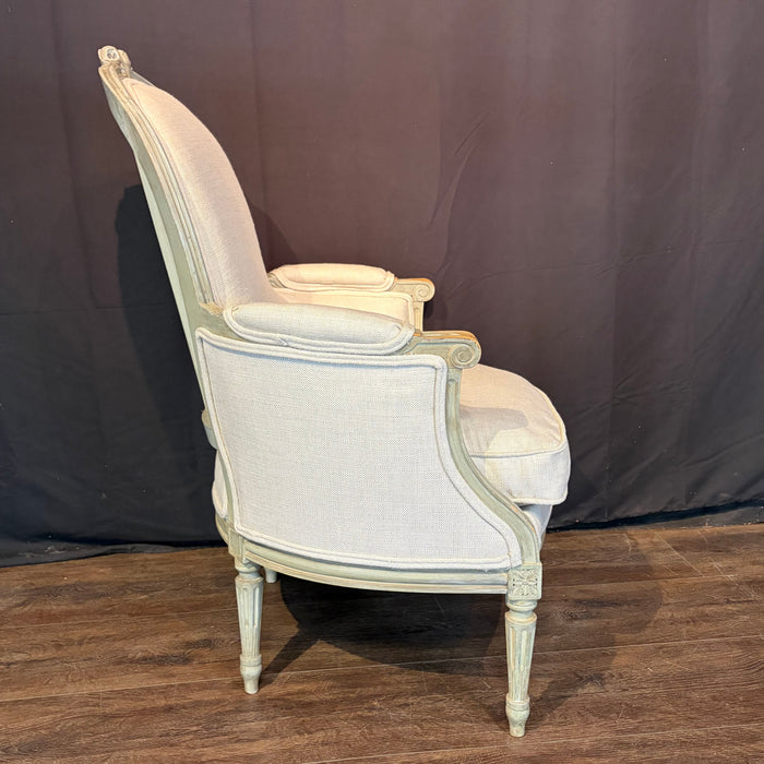 Pair of Antique French Louis XVI Carved and Painted Bergère Armchairs with New Upholstery