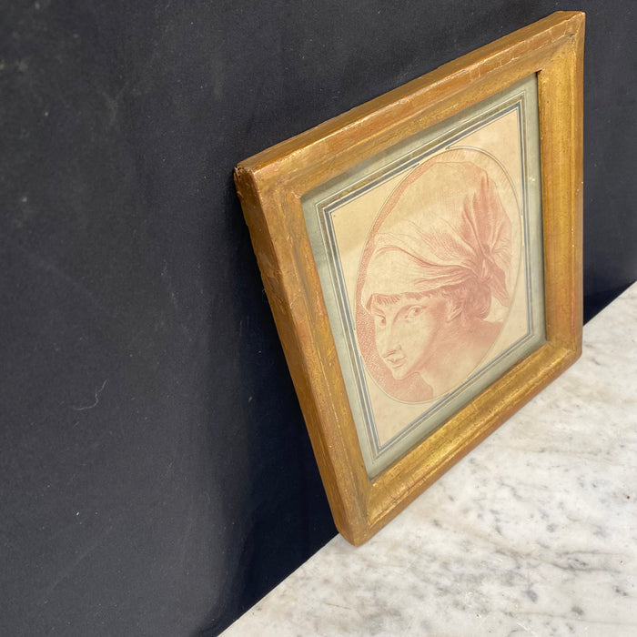 18th Century French Sanguine Red Chalk Drawing of a Boy in a Kerchief in Early Gold Gilt Frame
