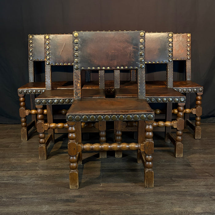 French Antique Set of Leather and Nailhead Dining Chairs with Bobbin Legs