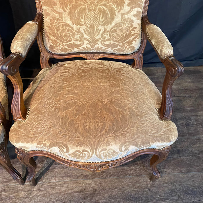 Pair of French Louis XV Carved Armchairs with Cut Velvet Mohair Upholstery