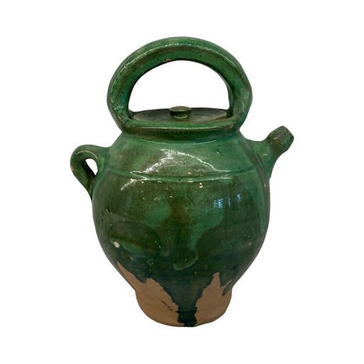 French Antique Green Glazed Gargoulette - Antique Provencal Pottery Jug with Lid