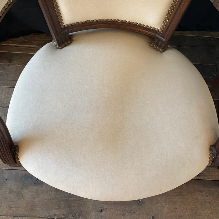 French Pair Louis XVI Carved Mahogany Fauteuil Arm Chairs