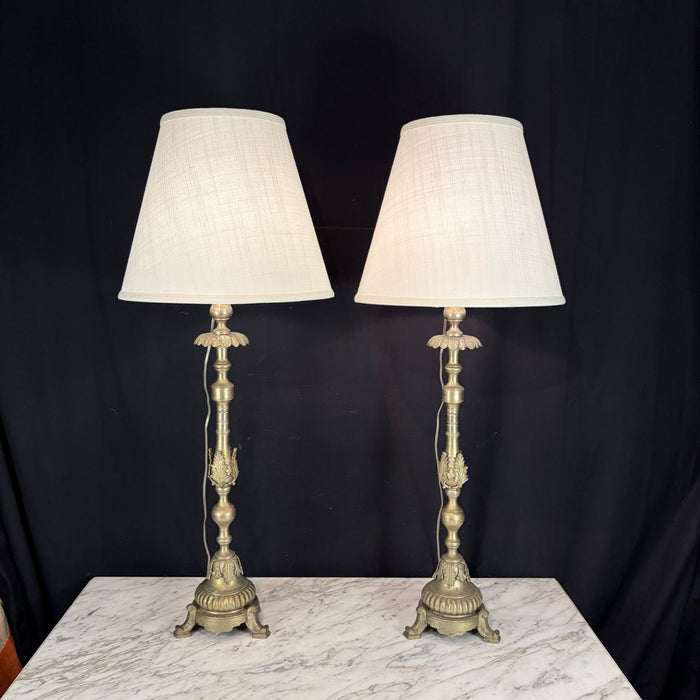 Pair of Tall Antique French Gilt Metal Church Altar Candlestick Table Lamps