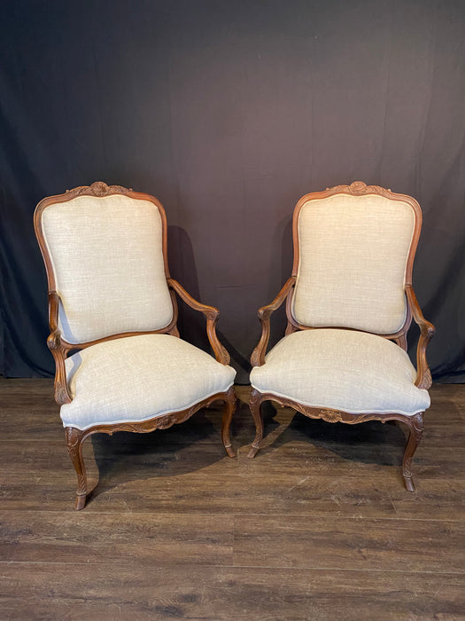 Antique French Pair Louis XV Armchairs or Fauteuils with Fine Carving and New Upholstery