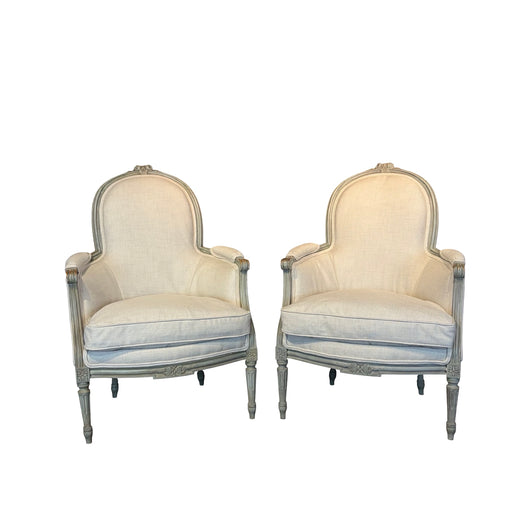 Pair of Antique French Louis XVI Carved and Painted Bergère Armchairs with New Upholstery