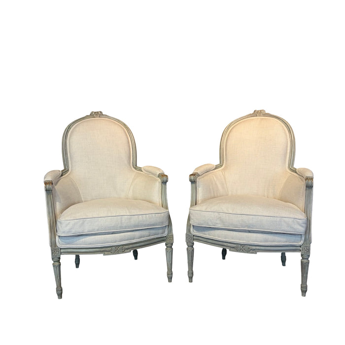 Pair of Antique French Louis XVI Carved and Painted Bergère Armchairs with New Upholstery