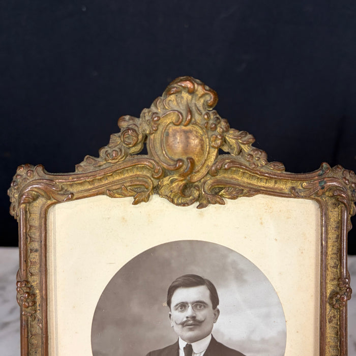 Antique French Ornate Gilt Metal Photo Frame with Original Portrait & Pressed Edelweiss