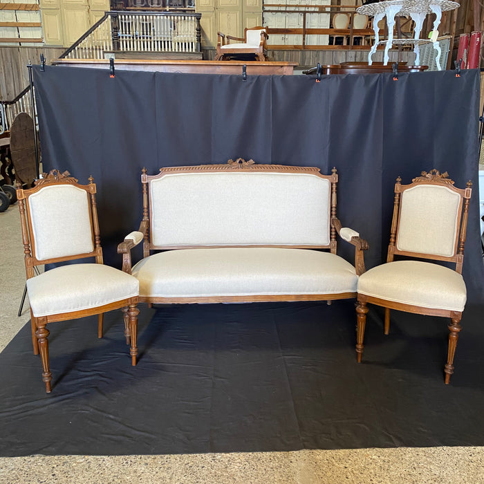 French Louis XVI Walnut Parlor Suite Set: Sofa, Loveseat or Settee with a Pair of Carved Side Chairs