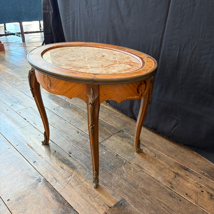 Antique French Louis XV Oval Marble Top Coffee Table, Cocktail or Side Table with Inlay, Marquetry and Bronze Mounts