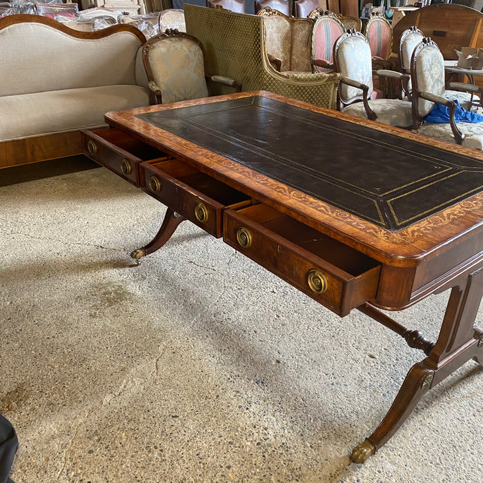 British Regency Style Mahogany Partners Two Sided Desk or Writing Table with Embossed Leather Top