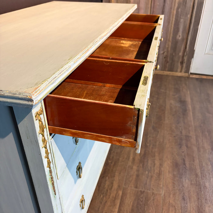 French Louis XVI Style Painted Blue Chest of Drawers with Gilt Bronze Mounts