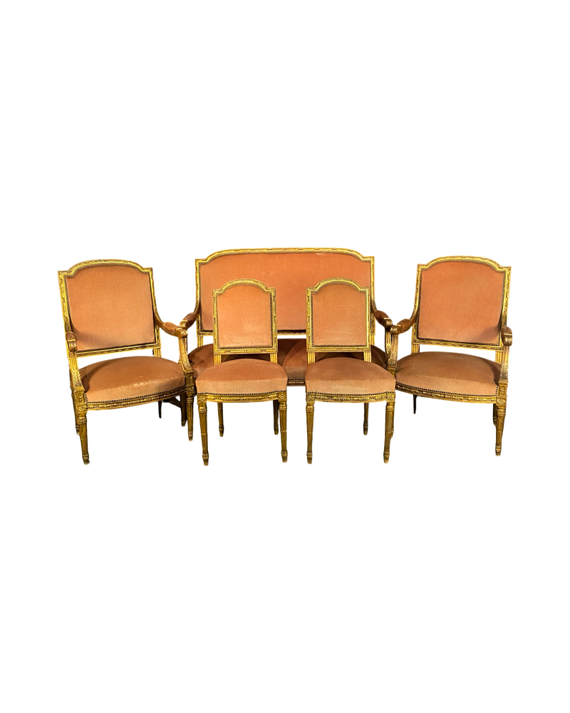Antique French Louis XVI Salon Suite | Sofa or Canapé, Pair of Armchairs or Fauteuils & Pair of Side Chairs