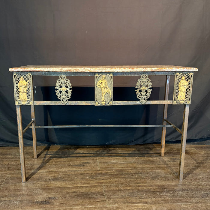 Stunning French Balcony Console Table with Marble Top & Gold Figural Wrought Iron Panel