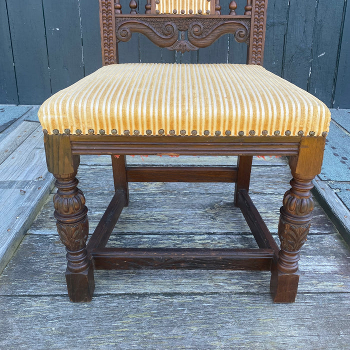 Antique Set of 8 British Jacobean Style Carved Oak Dining Chairs: 2 Arm Chairs and 6 Side Chairs