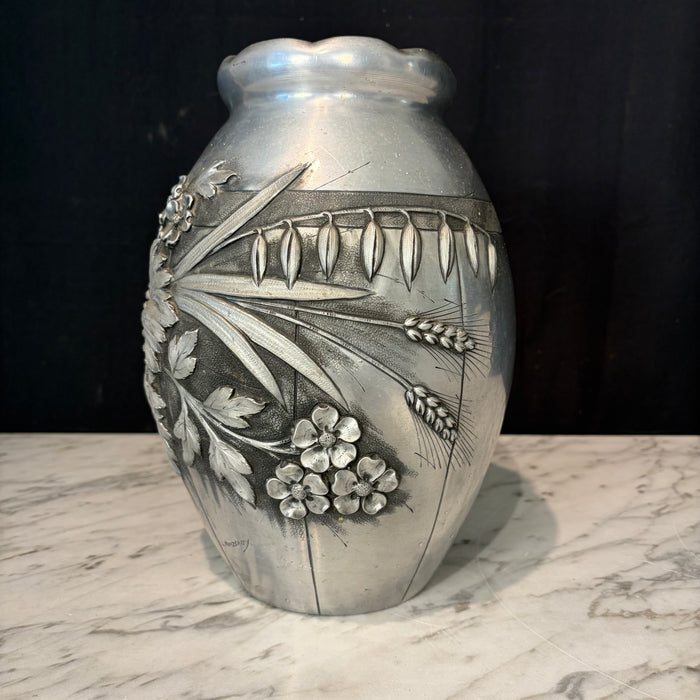 French Art Deco Pewter Floral Vase Signed by Lucien Houzeaux