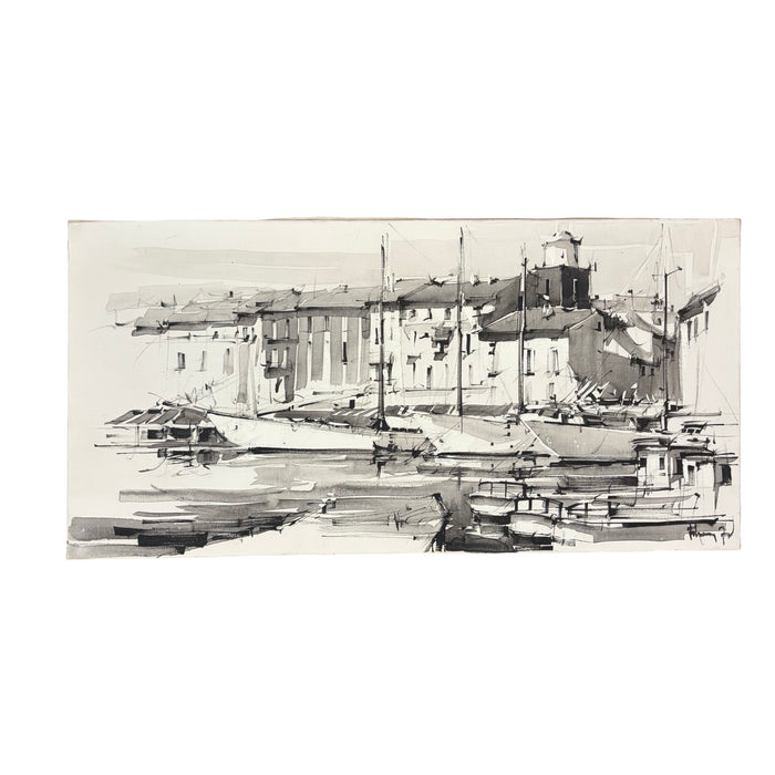 Maritime Harbor Painting with Boats - Nautical Black and White Ink and Oil on Canvas