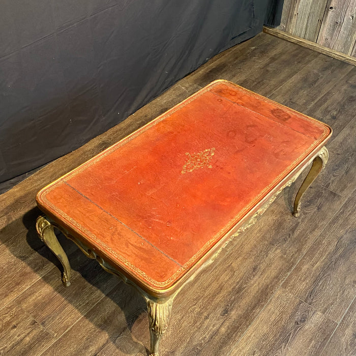 French Louis XV Coffee Table Gold Gilt Paint Carved with Leather Embossed Top