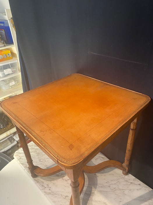 French Side Table with Embossed Leather Top and X-Form Stretcher 19th Century