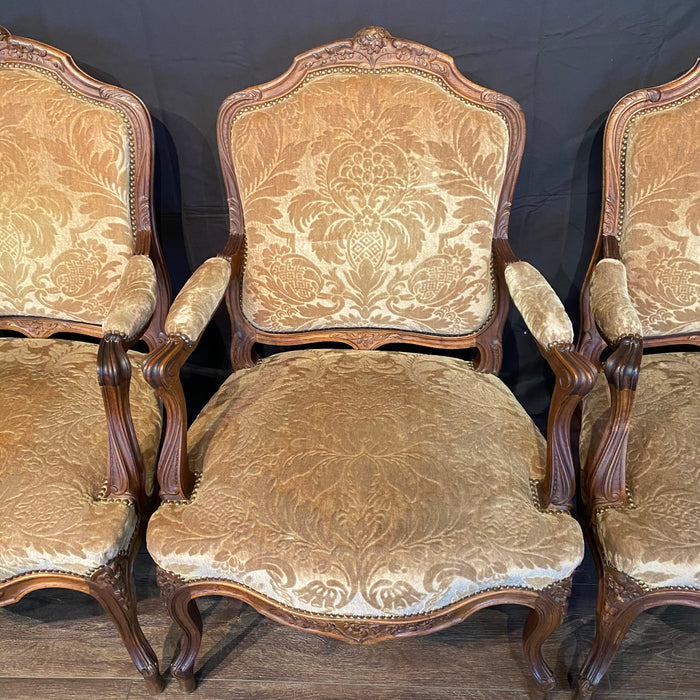 Set of Four French Louis XV Carved Armchairs with Cut Velvet Mohair Upholstery