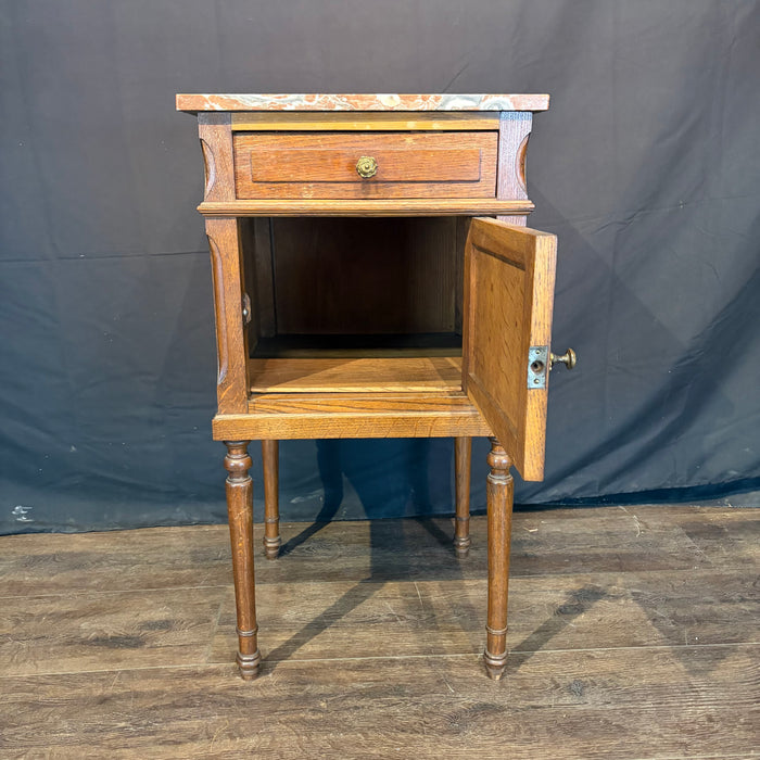 Pair of French Louis XVI Revival Oak Marble Top Nightstands with Floral Marquetry